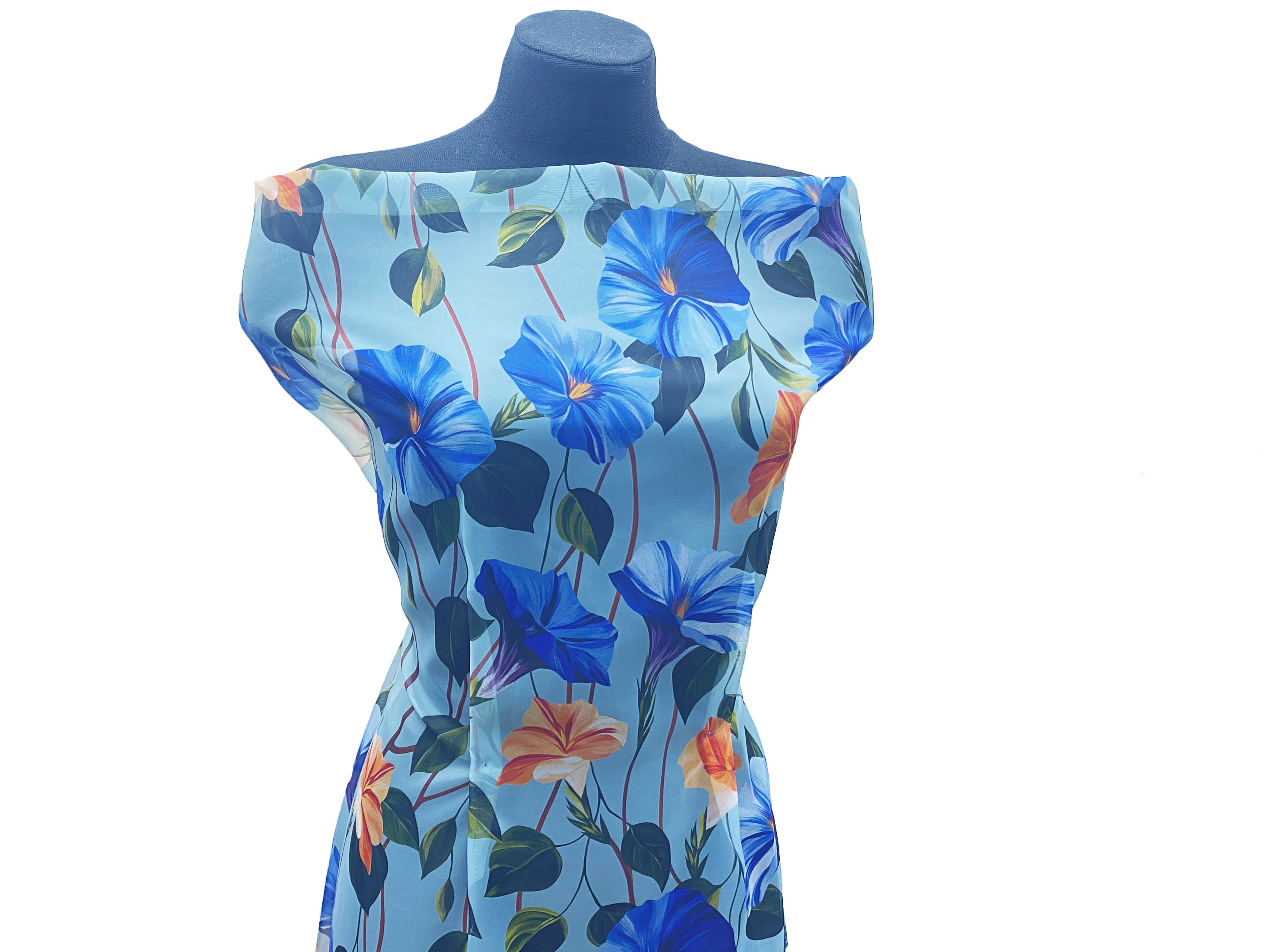 Ткань Шифон бирюзового цвета с принтом вьюнок 24317 5