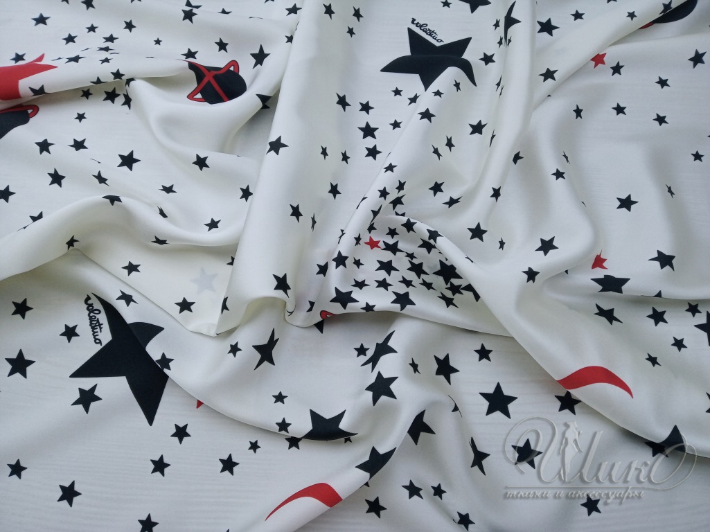 Ткань Шелк молочного цвета принт звезды и планеты 2