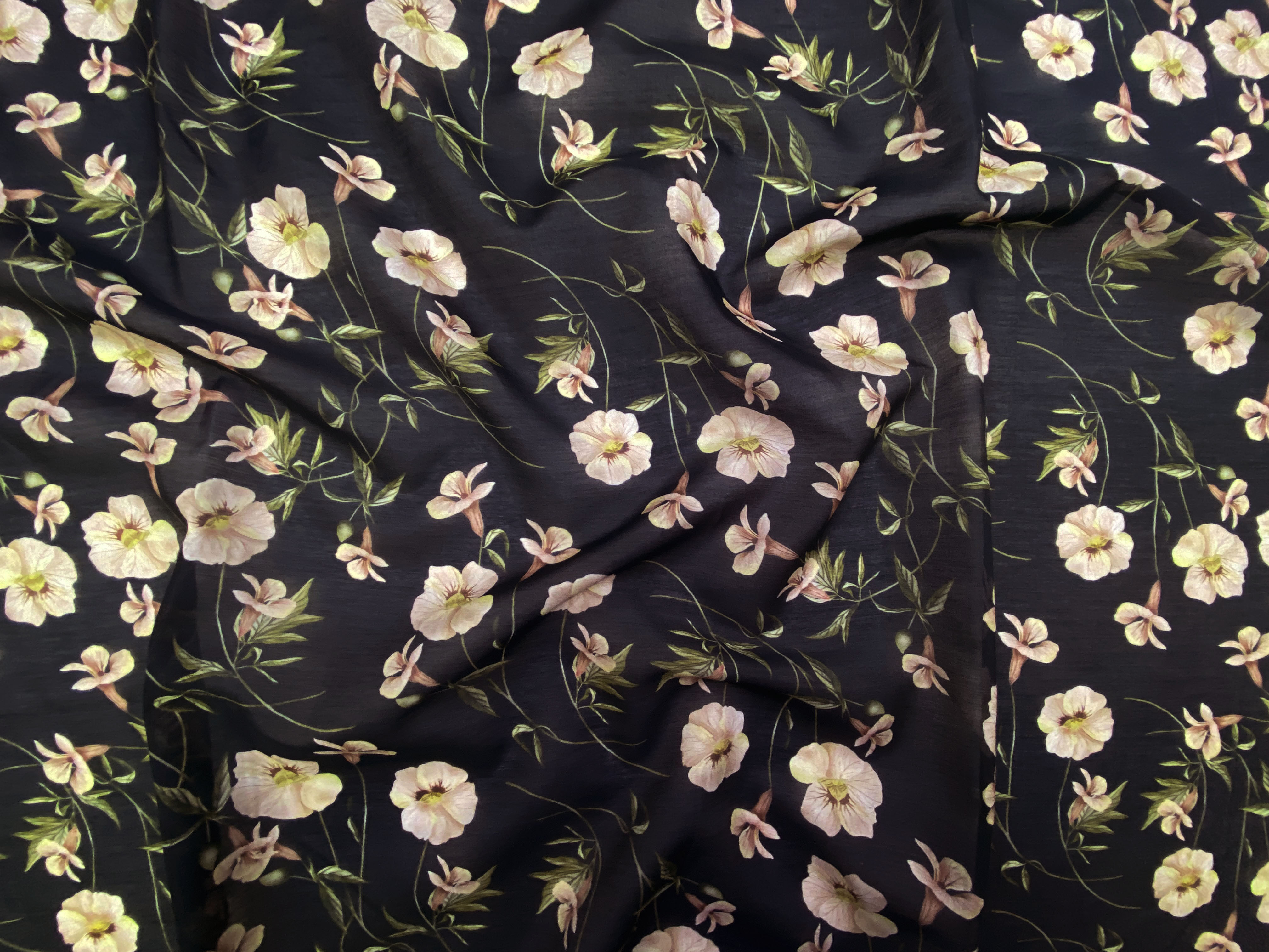 Ткань Муслин  чёрного цвета с принтом  персиковые цветы  16741 2