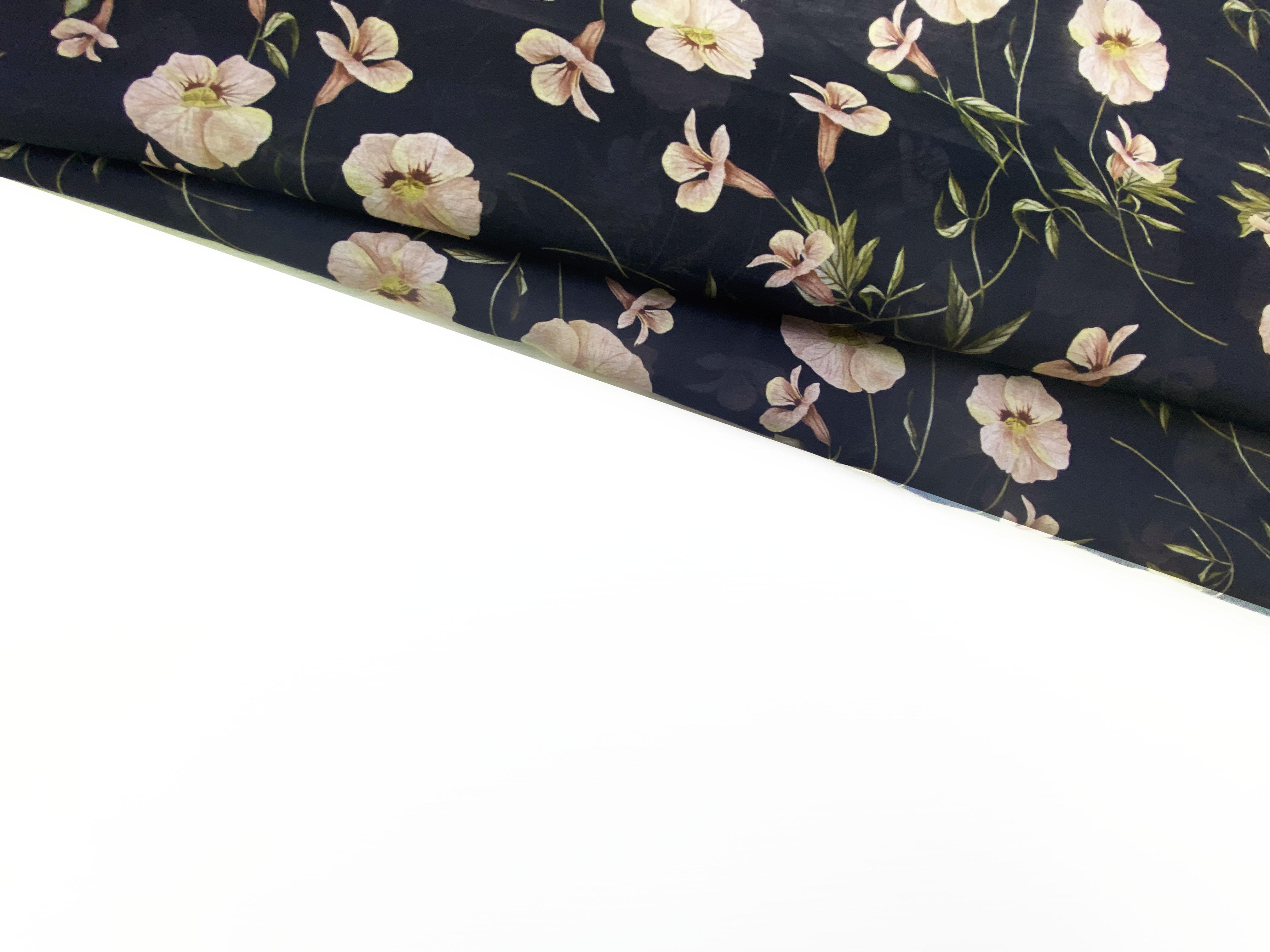 Ткань Муслин  чёрного цвета с принтом  персиковые цветы  16741 4
