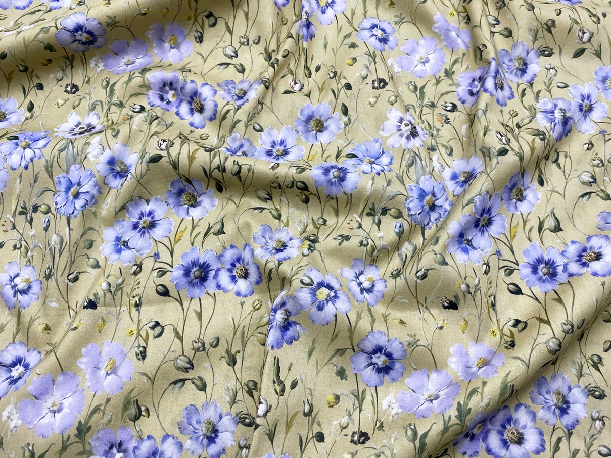 Ткань Батист горчичного цвета с принтом  голубые цветочки 14277 3